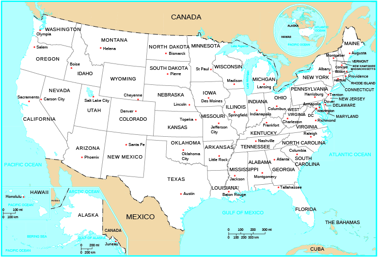 Map Of The United States With Oceans And Lakes