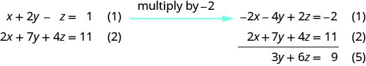 Multiply equation 1 with minus 2 and add it to equation 2. We get equation 5, 3y plus 6z equals 9.