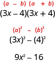 We have open parentheses 3x minus 4 close parentheses open parentheses 3x plus 4. This is of the form a minus b, a plus b. We rewrite as open parentheses 3x close parentheses squared minus 4 squared. Here, 3x is a and 4 is b. This is equal to 9 x squared minus 16.