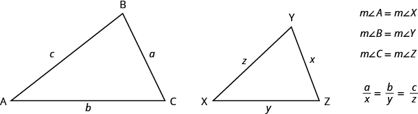 The first figure is triangle A B C with side A B c units long, side B C a units long, and side A C b units long. The second figure is triangle X Y Z with side X Y x units long, side Y Z x units long, and side X Z y units long. The measure of angle A is equal to the measure of angle X. The measure of angle B is equal to the measure of angle Y. The measure of angle C is equal to the measure of angle Z. a divided by x is equal to b divided by y is equal to c divided by z.