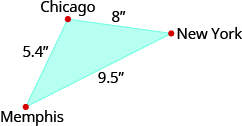 The figure is a triangle formed by Memphis, Chicago, and New York. The distance between Memphis and Chicago is 5.4 inches. The distance between Chicago and New York is 8 inches. The distance between New York and Memphis is 9.5 inches.