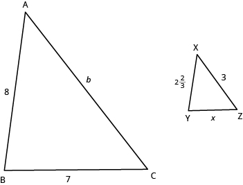 The first figure is triangle A B C with side A B 8 units long, side B C 7 units long, and side A C b units long. The second figure is triangle X Y Z with side X Y 2 and two-thirds units long, side Y Z x units long, and side X Z 3 units long.