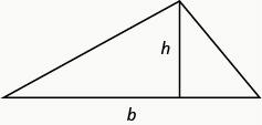 Image of a trangle. The horizontal base side is labeled b, and a line segment labeled h is perpendicular to the base, connecting it to the opposite vertex.