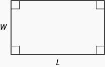 Image shows a rectangle. All four angles are marked as right angles. The longer, horizontal side is labeled L and the shorter, vertical side is labeled w.