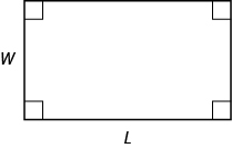 Image shows a rectangle. All four angles are marked as right angles. The longer, horizontal side is labeled L and the shorter, vertical side is labeled w.