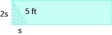A rectangle is shown is a right triangle in the corner. The hypotenuse of the triangle is 5 feet, the longer leg is 2 times s and the shorter leg is s.