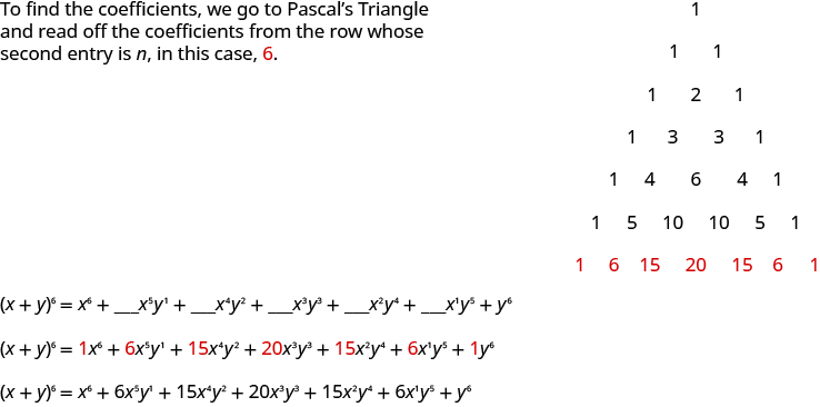 This figure shows a plus b to the power of n equals a to the power of n plus a to the power if n minus 1 b to the power of 1 plus a to the power of n minus 2 b to the power if 2 plus ellipsis plus a to the power of 1 b to the power of n minus 1 plus b to the power of n. The next figure shows x plus y to the power of 6 equals x to the power of 6 plus x to the power of 5 y to the power of 1 plus x to the power of 4 y to the power of 2 plus x to the power of 3 y to the power of 3 plus x to the power of 2 y to the power of 4 plus x to the power of 1 y to the power of 5 plus y to the power of 6.