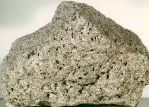 Photograph of a Lunar Rock. A sample of basaltic rock from the Lunar surface is shown, with the many holes left by gas bubbles giving the rock the appearance of a sponge.