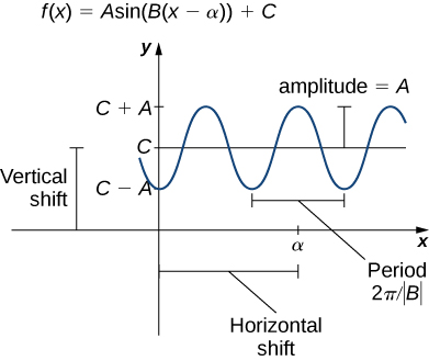 An image of a graph. The graph is of the function “f(x) = Asin(B(x - alpha)) + C”. Along the y axis, there are 3 hash marks: starting from the bottom and moving up, the hash marks are at the values “C - A”, “C”, and “C + A”. The distance from the origin to “C” is labeled “vertical shift”. The distance from “C - A” to “A” and the distance from “A” to “C + A” is “A”, which is labeled “amplitude”. On the x axis is a hash mark at the value “alpha” and the distance between the origin and “alpha” is labeled “horizontal shift”. The distance between two successive minimum values of the function (in other words, the distance between two bottom parts of the wave that are next to each other) is “(2 pi)/(absolute value of B)” is labeled the period. The period is also the distance between two successive maximum values of the function.