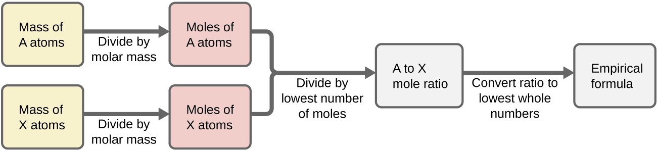 A flow chart is shown that is composed of six boxes, two of which are connected together by a right facing arrow and located above two more that are also connected by a right-facing arrow. These two rows of boxes are connected vertically by a line that leads to a right-facing arrow and the last two boxes, connected by a final right facing arrow. The first two upper boxes have the phrases, “Mass of A atoms” and “Moles of A atoms” respectively, while the arrow that connects them has the phrase, “Divide by molar mass,” written below it. The second two bottom boxes have the phrases, “Mass of X atoms” and “Moles of X atoms” respectively, while the arrow that connects them has the phrase, “Divide by molar mass” written below it. The arrow that connects the upper and lower boxes to the last two boxes has the phrase “Divide by lowest number of moles” written below it. The last two boxes have the phrases, “A to X mole ratio” and “Empirical formula” respectively, while the arrow that connects them has the phrase, “Convert ratio to lowest whole numbers” written below it.