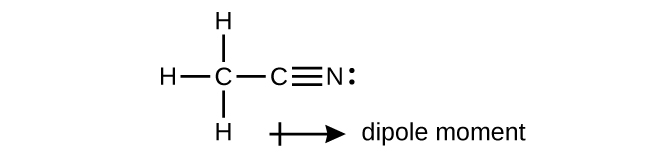 A Lewis structure is shown in which a carbon atom is attached by single bonds to three hydrogen atoms. It is also attached by a single bond to a carbon atom that is triple bonded to a nitrogen atom with one lone electron pair. Below the structure is a right facing arrow with its head near the nitrogen and its tail, which looks like a plus sign, located near the carbon atoms. The arrow is labeled, 