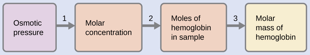 This is a diagram with four boxes oriented horizontally and linked together with arrows numbered 1 to 3 pointing from each box in succession to the next one to the right. The first box is labeled, “Osmotic pressure.” Arrow 1 points from this box to a second box labeled, “Molar concentration.” Arrow 2 points from this box to to a third box labeled, “Moles of hemoglobin in sample.” Arrow labeled 3 points from this box to a fourth box labeled, “Molar mass of hemoglobin.”