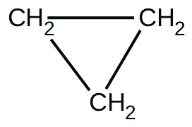 A structural formula for cyclopropane is shown. Three C H subscript 2 groups are positioned as vertices of an equilateral triangle connected with single bonds represented by line segments.