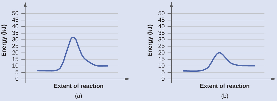 In this figure, two graphs are shown. The x-axes are labeled, “Extent of reaction,” and the y-axes are labeled, “Energy ( k J ).” The y-axes are marked off from 0 to 50 in intervals of five. In a, a blue curve is shown. It begins with a horizontal segment at about 6. The curve then rises sharply near the middle to reach a maximum of about 32 and similarly falls to another horizontal segment at about 10. In b, the curve begins and ends similarly, but the maximum reached near the center of the graph is only 20.