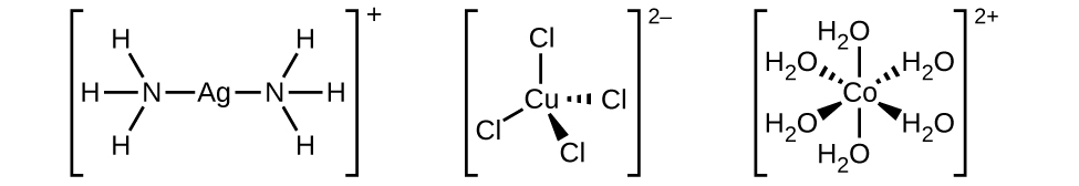 Three structures are shown. In a, a central A g atom has N atoms bonded to the left and right as indicated by line segments. Three H atoms are similarly bonded to each N atom extending out and up, out to the side, and out and below each N atom. The structure is enclosed in brackets with a superscript plus sign to the right of the brackets. In b, a C u atom is at the center of the structure. Line segments indicate bonds to two C l atoms, one above and the other below and to the left of the central atom. To the right, a dashed wedge, narrow toward the C u atom and widening toward a C l atom, is shown at the right side of the central C u atom. A solid wedge is similarly directed toward a C l atom below and slightly right of the central C u atom. This structure is enclosed in brackets with a superscript 2 negative sign present to the right of the brackets. In c, a structure is shown with a central C o atom. From the C o atom, line segments indicate bonds to H subscript 2 O molecules above and below the structure. Above and to both the right and left, dashed wedges indicate bonds to two H subscript 2 O molecules. Similarly, solid wedges below to both the right and left indicate bonds to two more H subscript 2 O molecules. Each bond in this structure is directed toward the O atom in each H subscript 2 O structure. This structure is enclosed in brackets. Outside the brackets to the right is a superscript 2 plus sign.