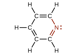 A molecular structure is shown. A ring of five C atoms and one N atom is shown with alternating double bonds. Single H atoms are bonded, appearing at the outside of the ring on each C atom. The N atom has an unshared electron pair shown on the N atom on the outer side of the ring. The N atom, electron dot pair, and bonds connected to it in the ring are shown in red.