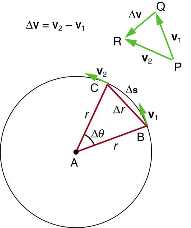 The given figure shows a circle, with a triangle having vertices A B C made from the center to the boundry. A is at the center and B and C points are at the circle path. Lines A B and A C act as radii and B C is a chord. Delta theta is shown inside the triangle, and the arc length delta s and the chord length delta r are also given. At point B, velocity of object is shown as v one and at point C, velocity of object is shown as v two. Along the circle an equation is shown as delta v equals v sub 2 minus v sub 1.