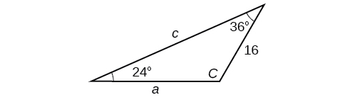Triangle with standard labels. Angle A is 36 degrees with opposite side a unknown. Angle B is 24 degrees with opposite side b = 16. Angle C and side c are unknown.