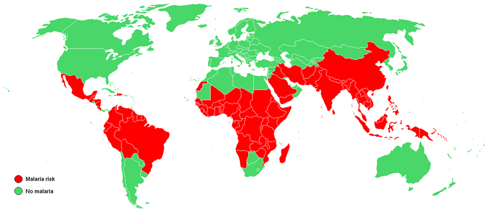 This map shows the countries where malaria is known to occur. In low-income countries, malaria is still a common cause of death. (Photo courtesy of the CDC/Wikimedia Commons) A map highlighting countries where malaria is known to occur is shown.