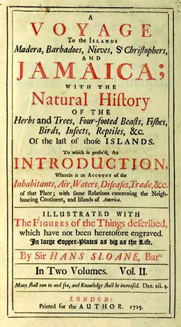 The cover of Sir Hans Sloane's catalog of the flora of the New World is shown. The title begins, 