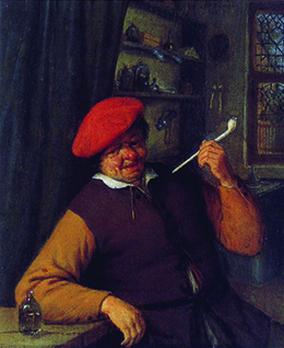 A 1646 Dutch painting depicts a man seated at a table smoking a long white clay pipe with evident enjoyment.