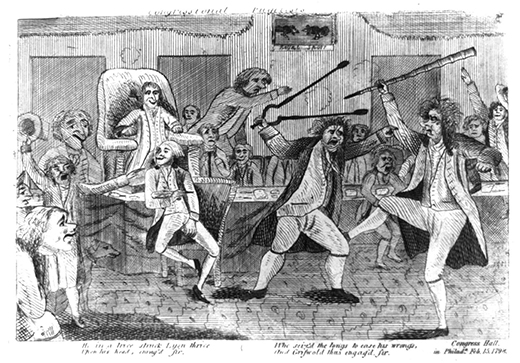 A cartoon, titled “Congressional Pugilists,” shows Matthew Lyon, a Democratic-Republican representative from Vermont, fighting his opponent, Federalist Roger Griswold, in Congress Hall. A group of congressmen watch as Griswold, armed with a cane, kicks Lyon, who is armed with a massive pair of fireplace tongs and grabs Griswold’s arm. Below the scene are the words: “He in a trice struck Lyon thrice / Upon his head, enrag’d sir, / Who seiz’d the tongs to ease his wrongs, / And Griswold thus engag’d, sir.”