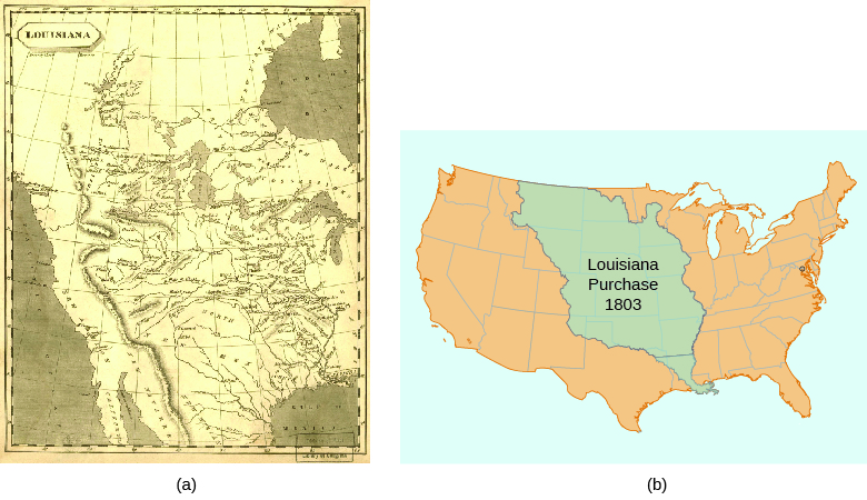 Map (a) shows the territory added to the United States in the Louisiana Purchase as the mapmakers of the time envisioned it. Map (b) shows the modern United States, with the land acquired in the Louisiana Purchase shaded, a huge chunk of the middle of the country.