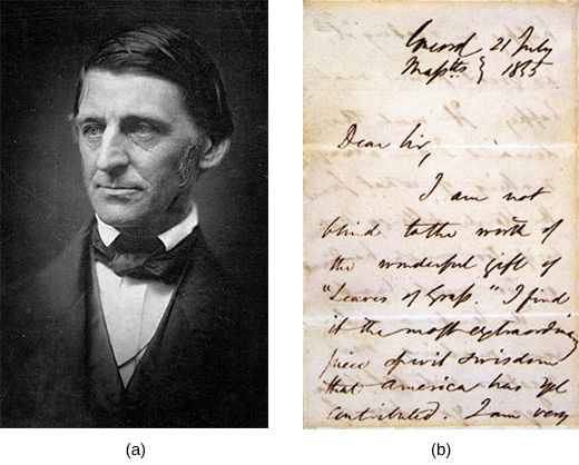 Photograph (a) is a portrait of Ralph Waldo Emerson. Document (b) is a letter from Emerson to Walt Whitman. The visible text reads “Dear Sir, I am not blind to the worth of the wonderful gift of Leaves of Grass. I find it the most extraordinary piece of wit and wisdom that America has yet contributed. I am very [remainder of the letter is not visible].”