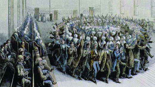 An illustration depicts a mass of people dancing in concentric circles, arms raised, with men and women alternating. Others watch from rows of seats; men sit in one section and women in another.