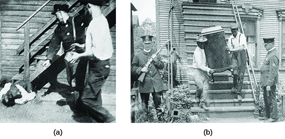 Photograph (a) shows a black man lying on the ground as two white men, one of whom can be seen wielding a large rock, stand above him. Photograph (b) shows members of a black family carrying possessions out of their vandalized home, guarded by police officers.